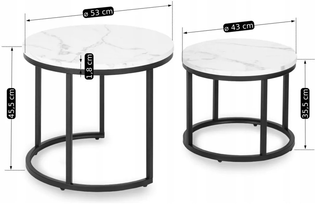 Set de măsuțe de cafea din MDF cu aspect de marmură albă, DAFNE