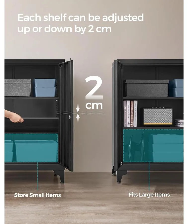 Iratszekrény, többfunkciós garázsszekrény, irodai szekrény 2 ajtóval fekete színben