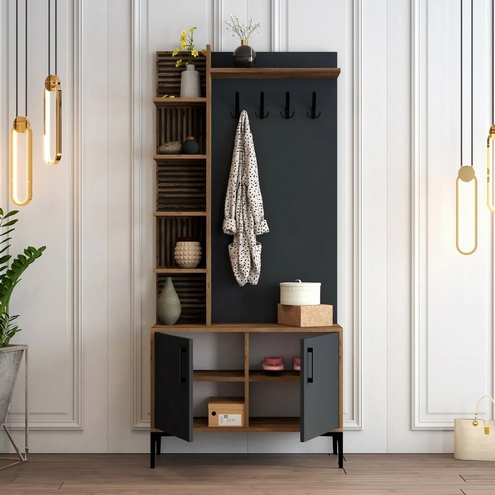 Faliakasztó cipőtartóval és polcokkal ViyanaWalnut and Anthracite