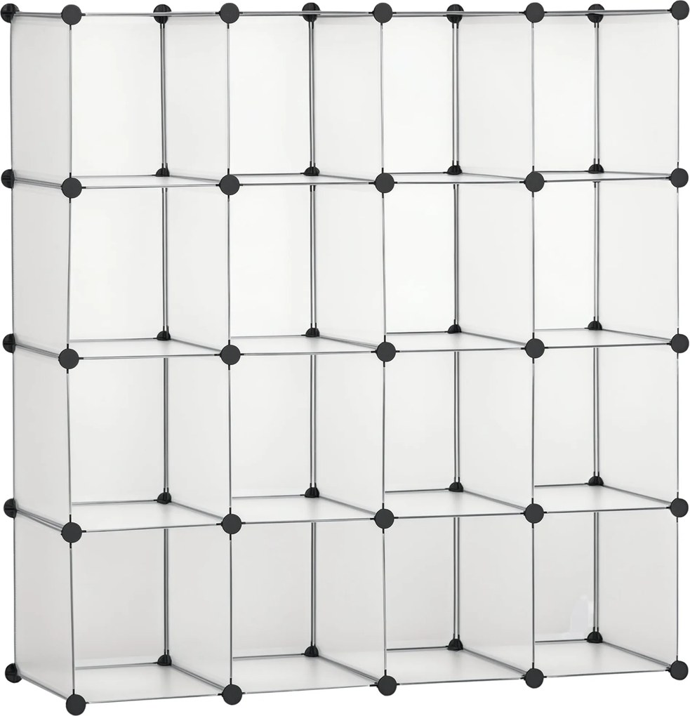 HOMCOM DIY moduláris polcrendszer 16 kockával, rakásolható DIY kockaszekrény, tárolószekrény, álló polc, cipőpolc műanyag acélból, Fehér, 125 x 32 x 1