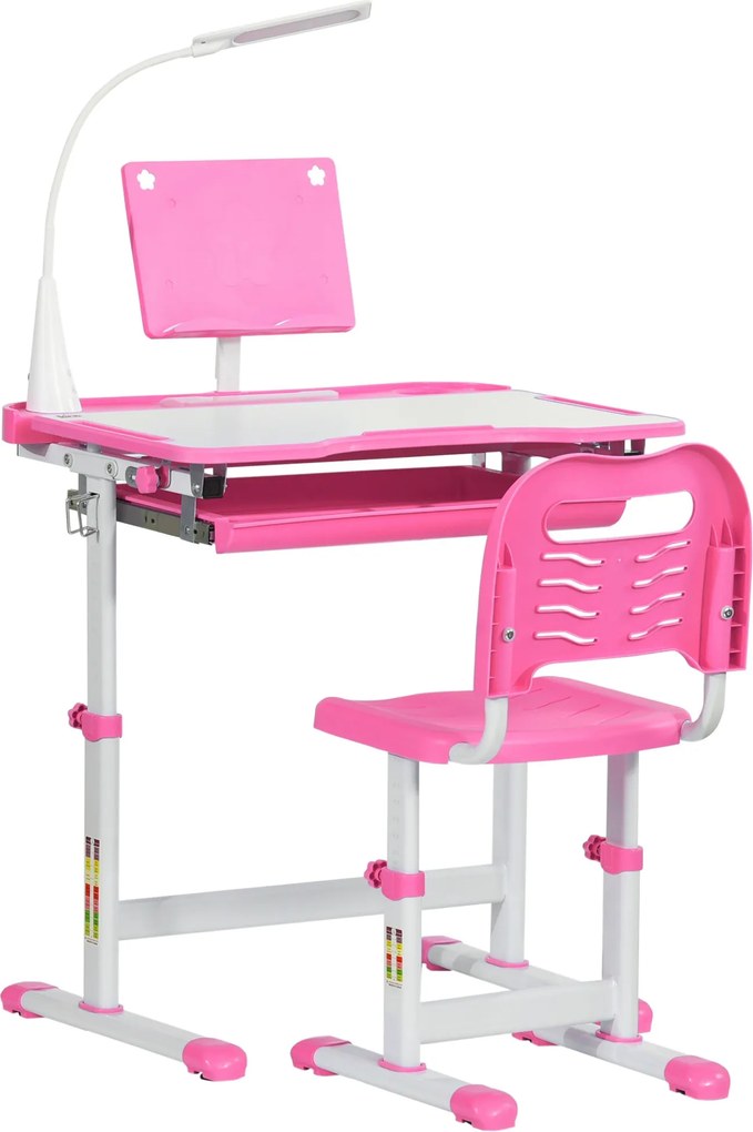 HOMCOM Gyerek Íróasztal és Szék Szett +6 Éveseknek Magasságállítható Gyerek Íróasztal, Dönthető Asztali Lámpa, Fiók és Polc Rózsaszín | Aosom