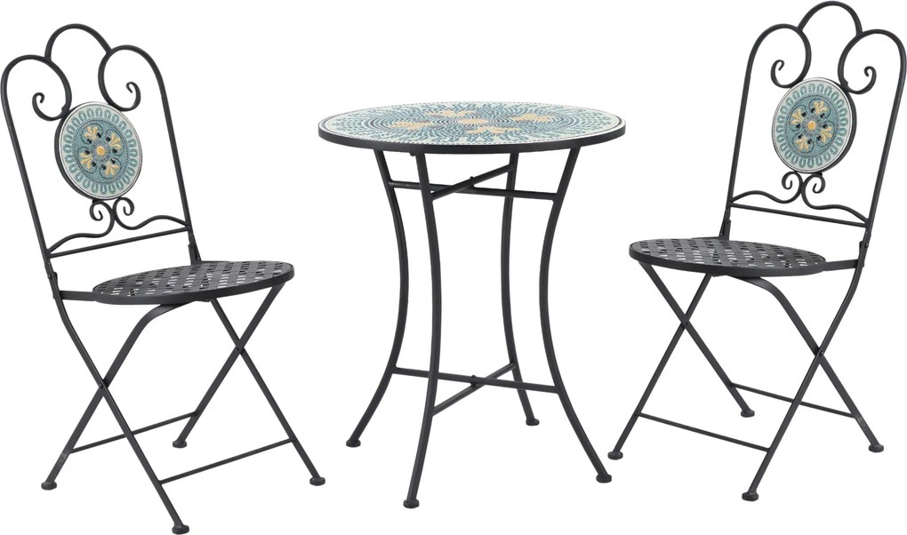 Outsunny 3 részes Kerti Szett Mozaikkal, Kerek Kültéri Asztal 2 Összecsukható Fém Székkel, Zöld | Aosom