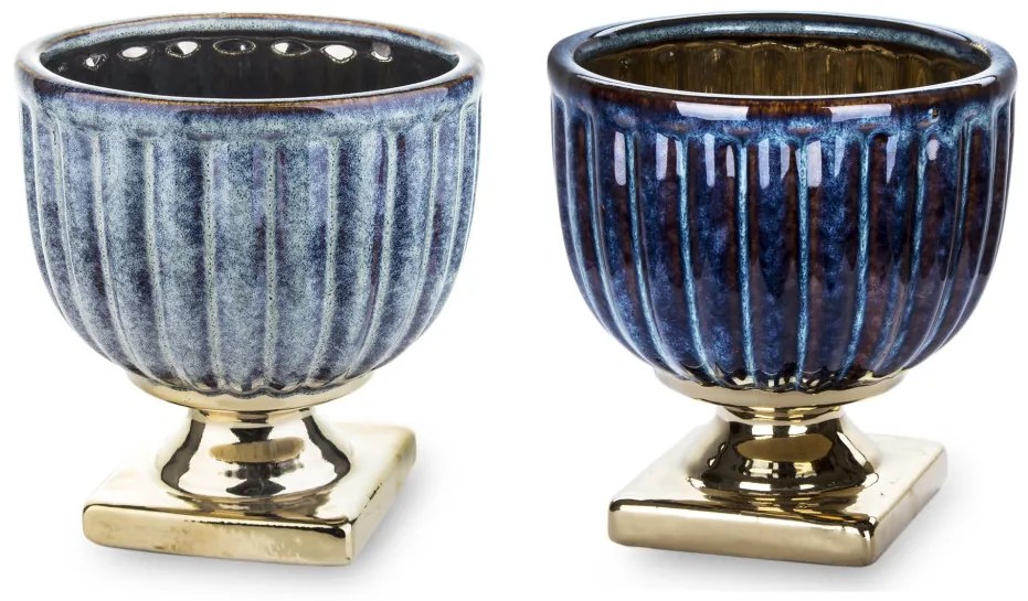 Porto design magasfényű világoskék-tengerészkék kerámia virágtartó kaspó szett 15,5x14,5x14,5cm