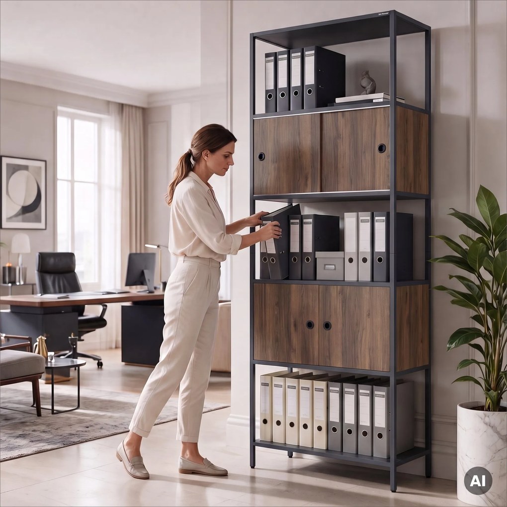 Iratrendező polc zárható szekrénnyel, irodai, nyitott polcok, fém antracit/dió, 800x2200x400 mm: ARIEL Eco Design