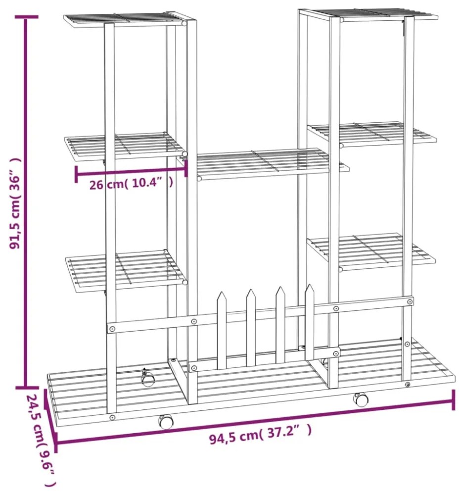 fekete vas virágtartó állvány kerekekkel 94,5 x 24,5 x 91,5 cm