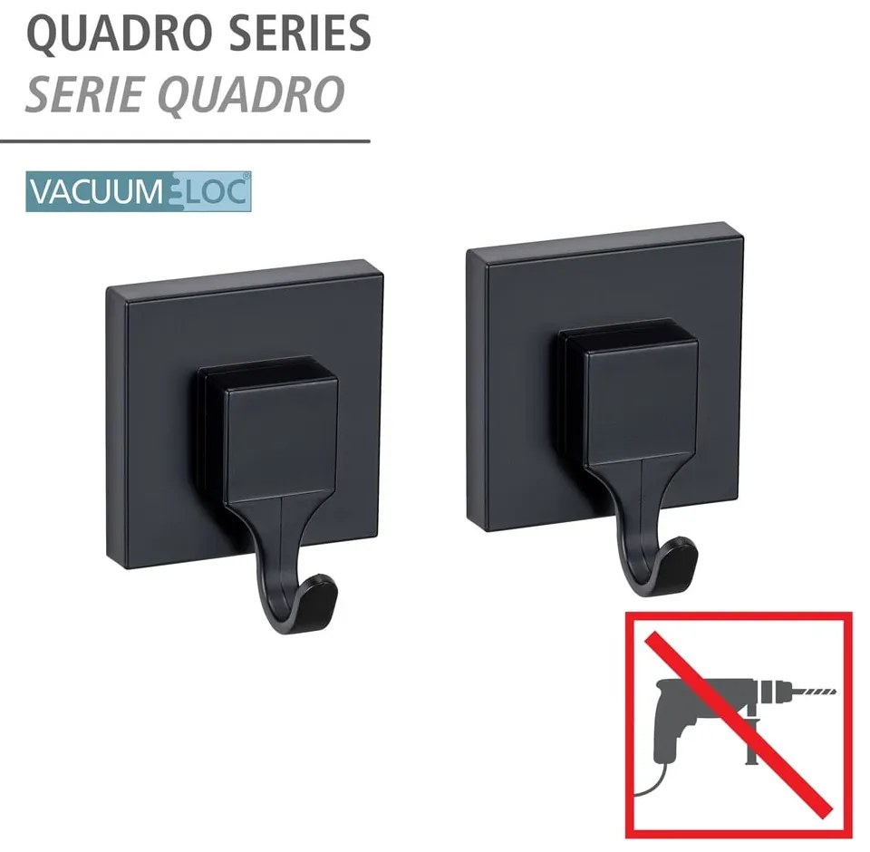 Fekete öntapadós műanyag akasztó szett 2 db-os Quadro – Wenko