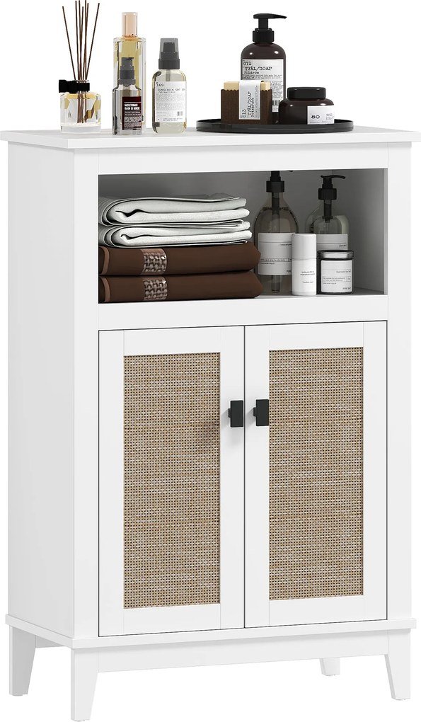 HOMCOM Fürdőszoba Tároló Szekrény 2 Ajtóval és Rattan Előlappal, Állítható Polccal és Nyitott Rekesszel 60x30x90 cm Fehér | Aosom