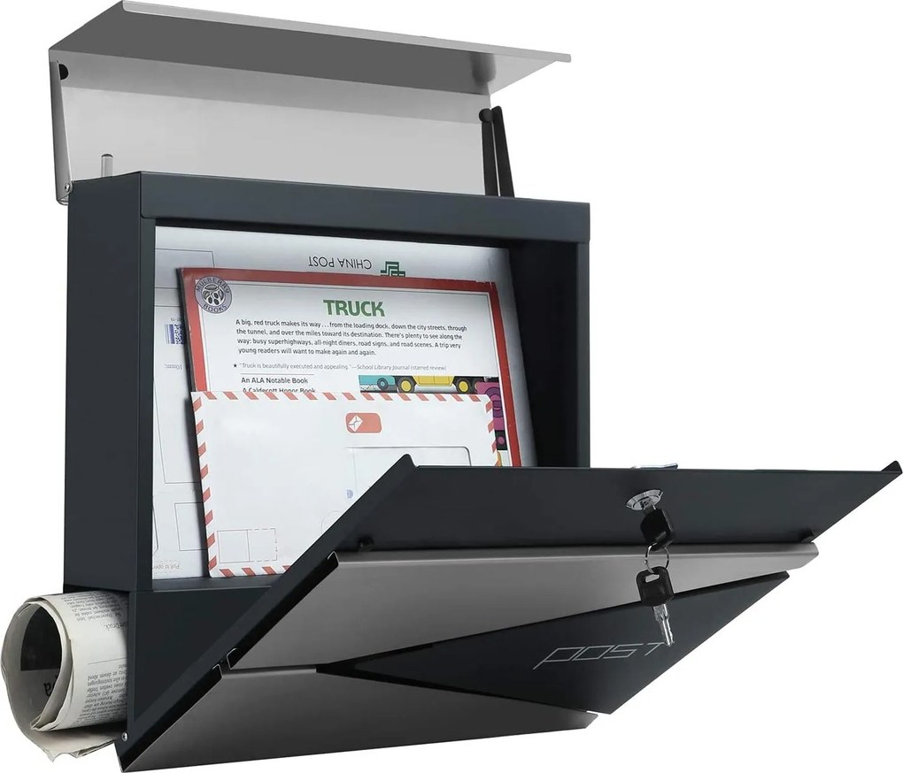 Modern postaláda újságtartóval 10,5x37x37 cm, antracit és ezüst