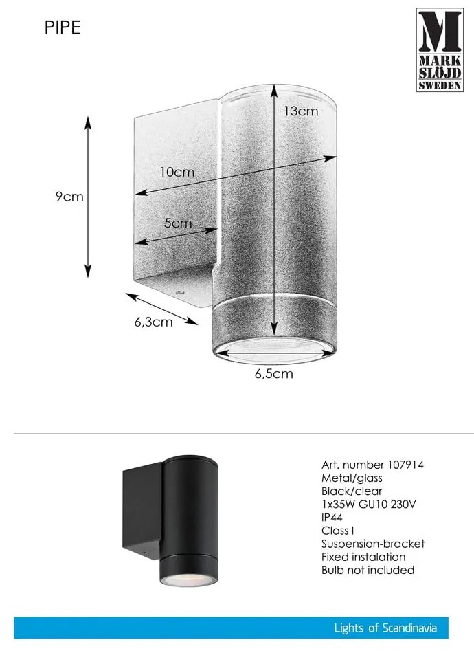 Fali kültéri lámpa (magasság 13 cm) Pipe – Markslöjd