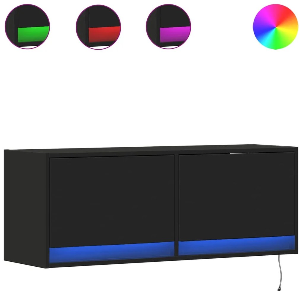 fekete fali TV-szekrény LED-világítással 100x31x35 cm