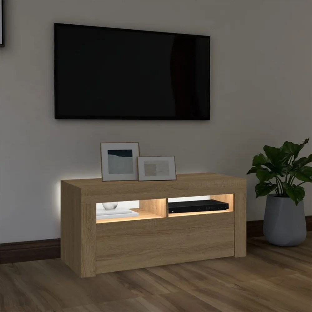 sonoma tölgy színű TV-szekrény LED-világítással 90 x 35 x 40 cm