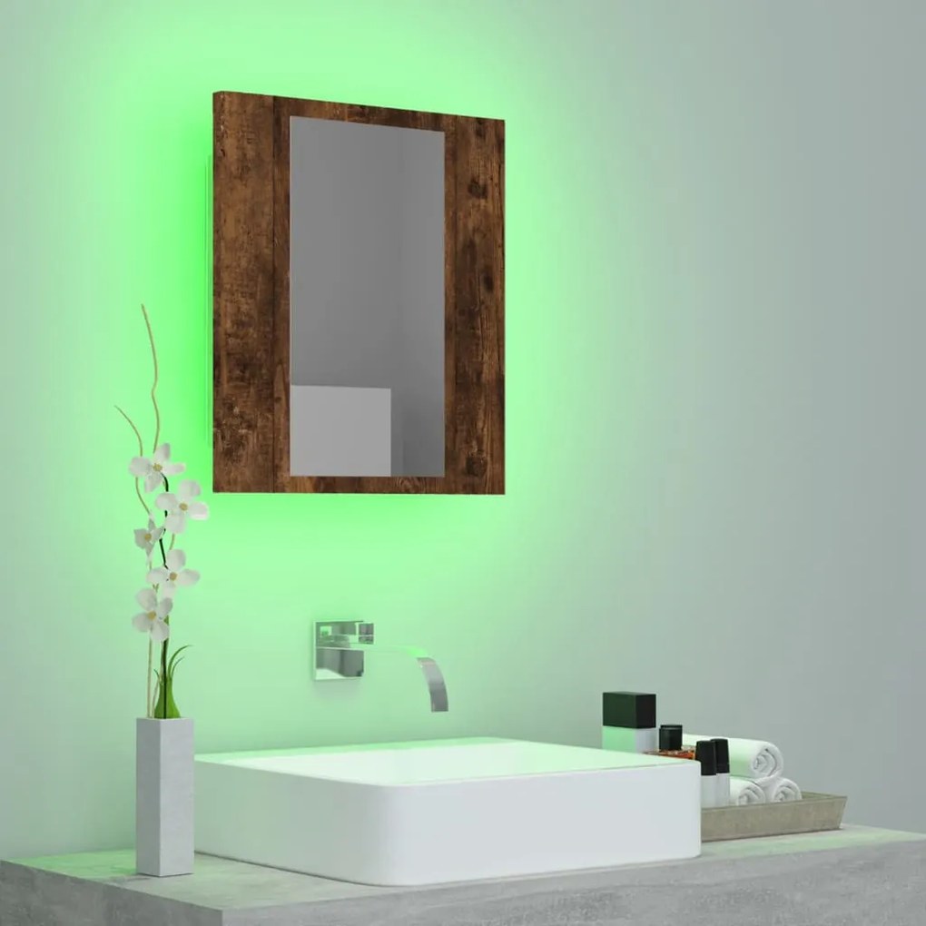 füstöstölgy színű szerelt fa LED-es tükrös szekrény 40x12x45 cm