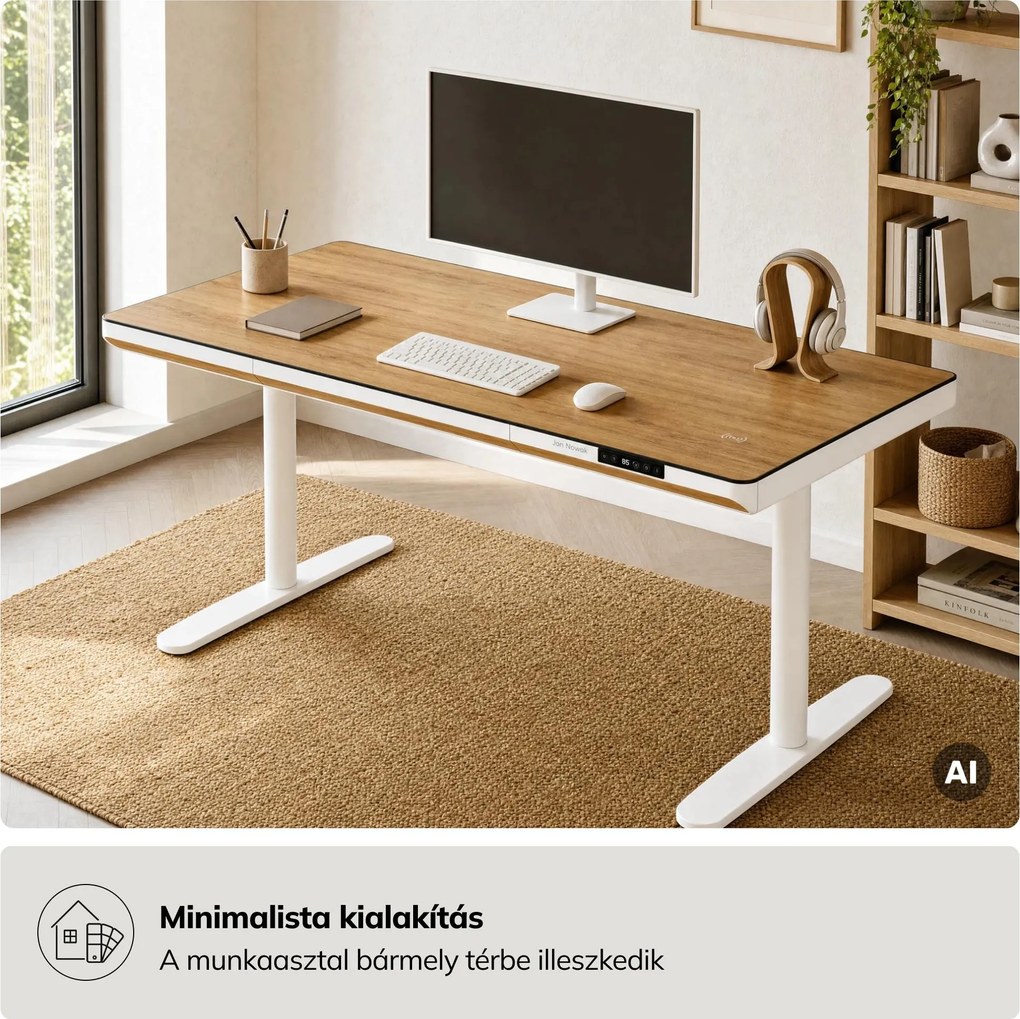 Elektromos ülő-álló íróasztal fiókkal és Qi vezeték nélküli töltővel fehér/aranytölgy, 1400 mm: ELLIS