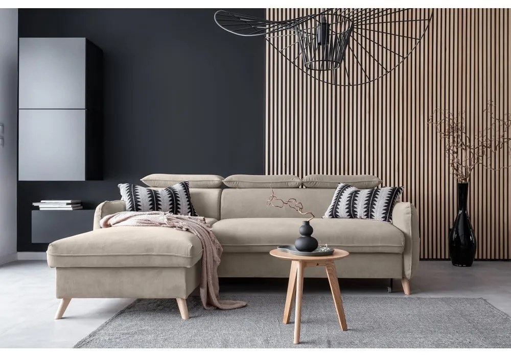 Bézs bársony kinyitható sarokkanapé (bal oldali) Sweet Harmony – Miuform