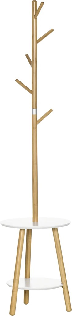 HOMCOM 2 az 1-ben Bambusz Kabátállvány Fa 2 Polccal és 5 Akasszal Táskákhoz és Alumínium Kerettel Előszobába és Hálószobába 39.5x39.5x171 cm Természet