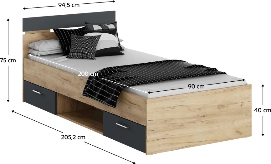 Ágykeret, 90x200, artisan tölgy/grafit, MICHIGAN NEW