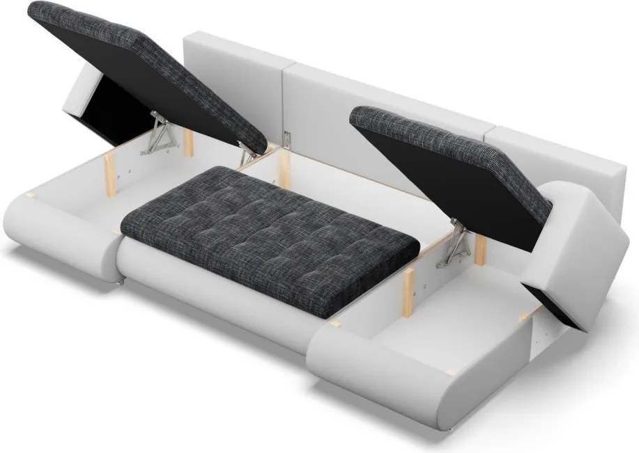 Tokio U alakú sarokkanapé, 3 ágyneműtartóval, fonott + műbőr, univerzális oldal, sötétszürke - fehér