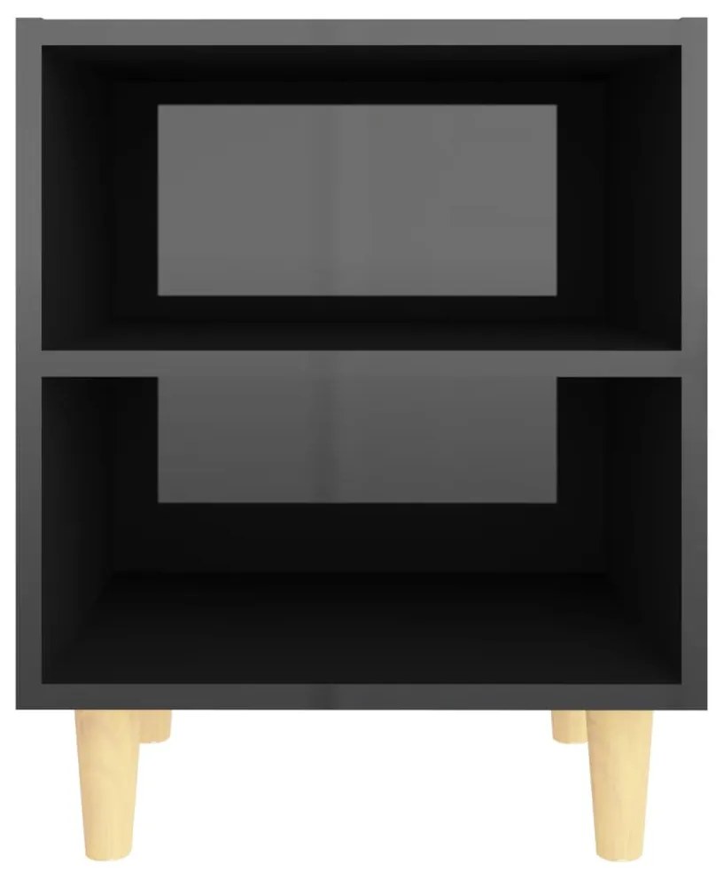 Magasfényű fekete éjjeliszekrény tömör fa lábakkal 40x30x50cm