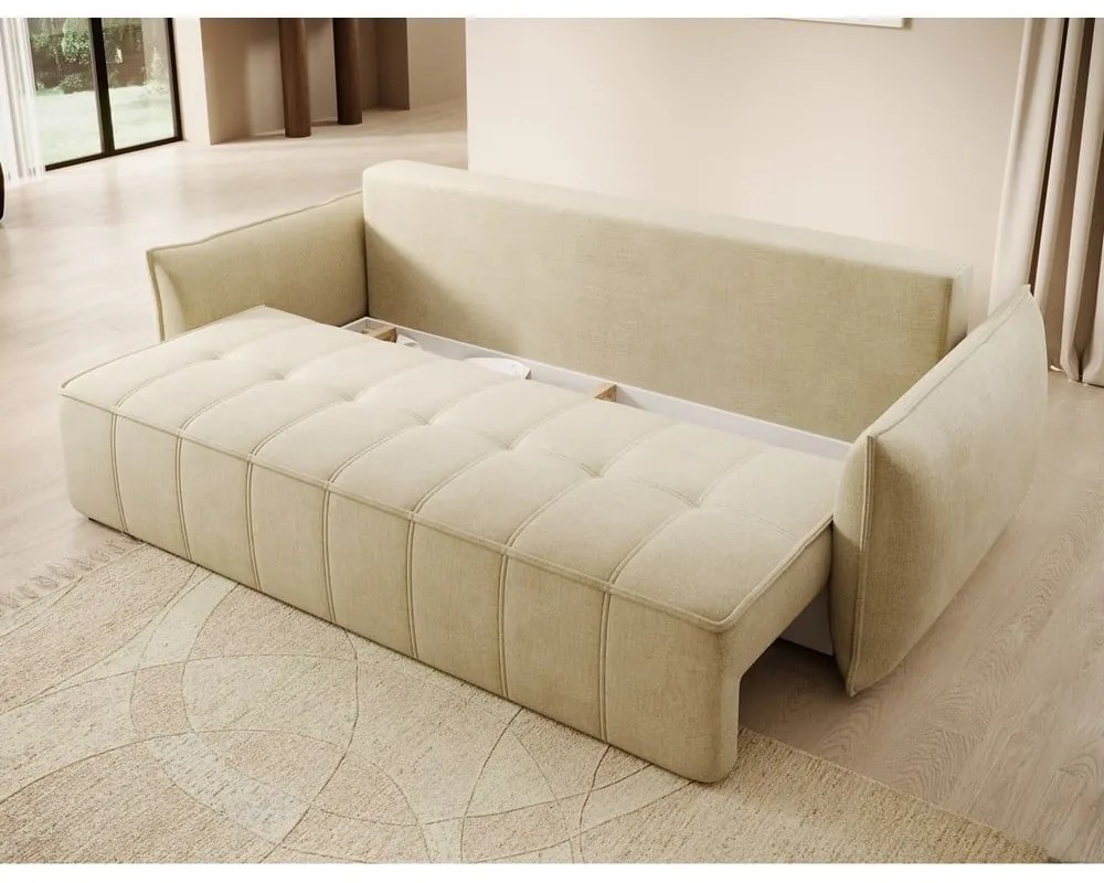 Bézs bársony kinyitható-tárolóhelyes kanapé 242 cm Weltton – ELTAP