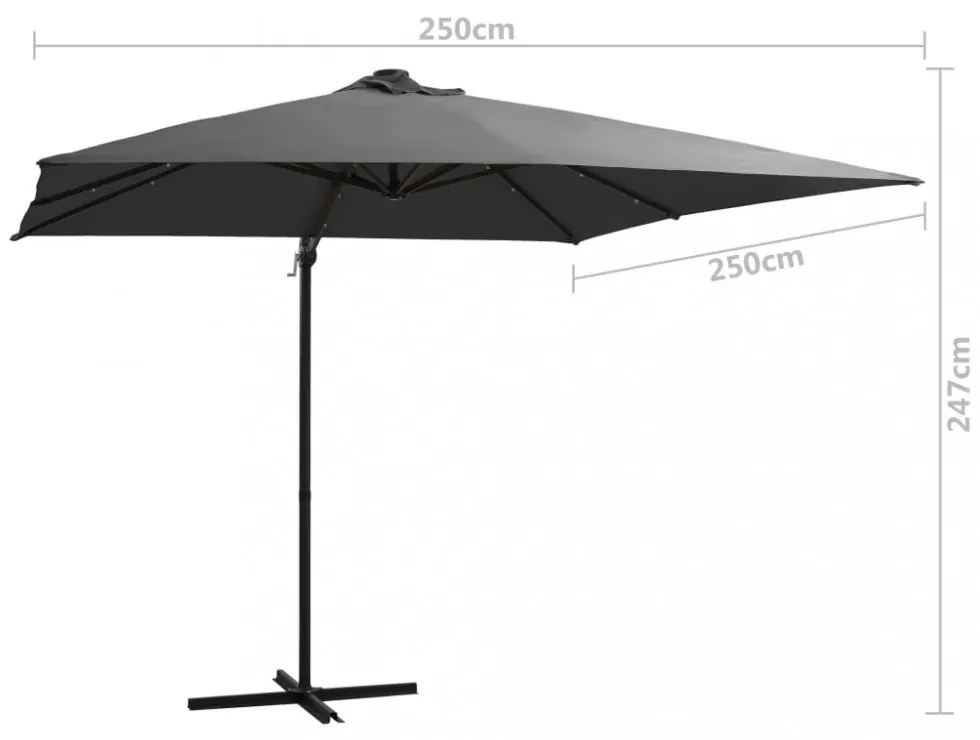 antracit konzolos napernyő LED-del és acélrúddal 250x250 cm