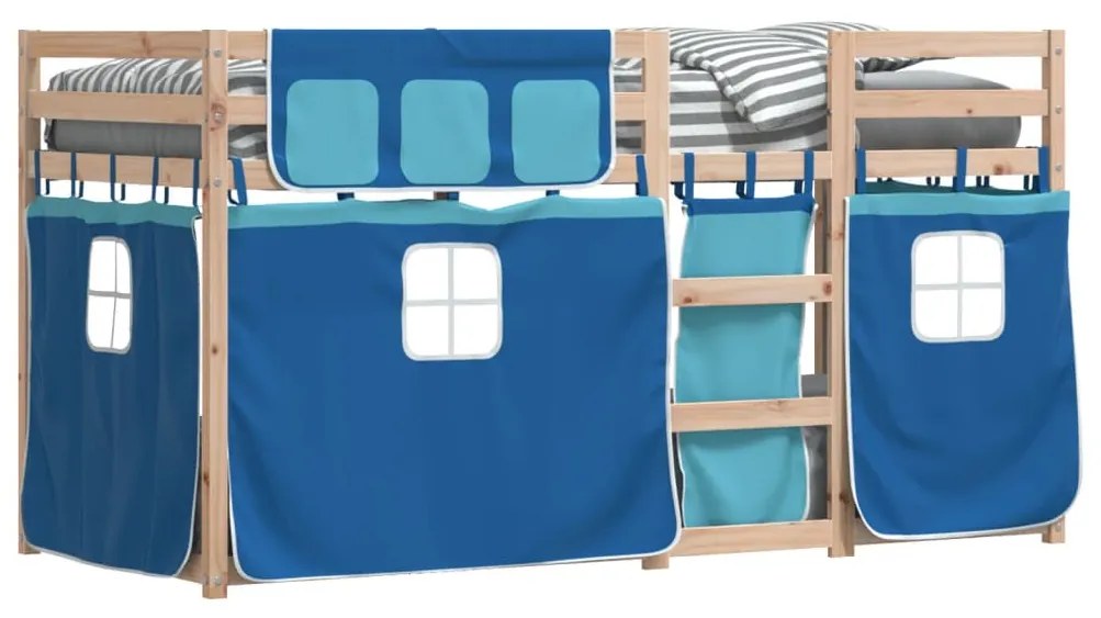 vidaXL kék tömör fenyőfa emeletes ágy függönyökkel 90 x 190 cm