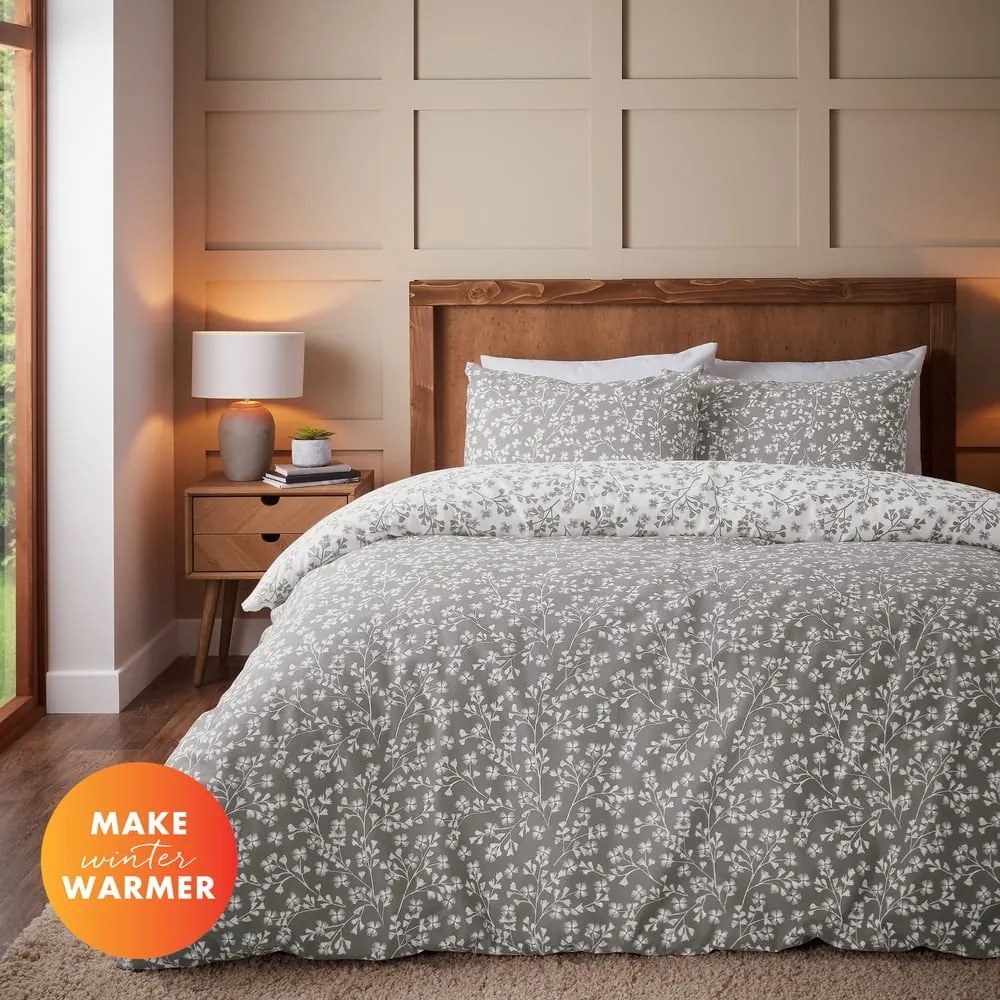 Szürke kétszemélyes-hosszabbított flanel ágyneműhuzat 230x220 cm Grace Floral Leaf – Catherine Lansfield
