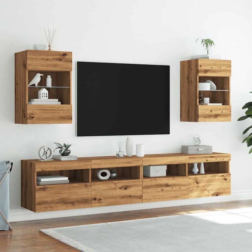2 db kézműves tölgy színű fali TV-szekrény LED-del 40x30x60,5cm