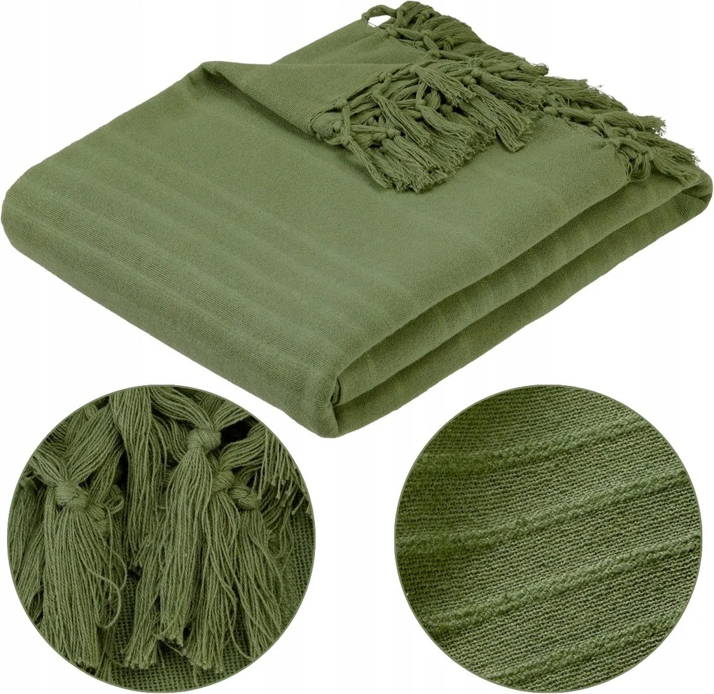 Nagy ágytakaró 230 x 250 cm Khaki pamut takaró puha rojtokkal