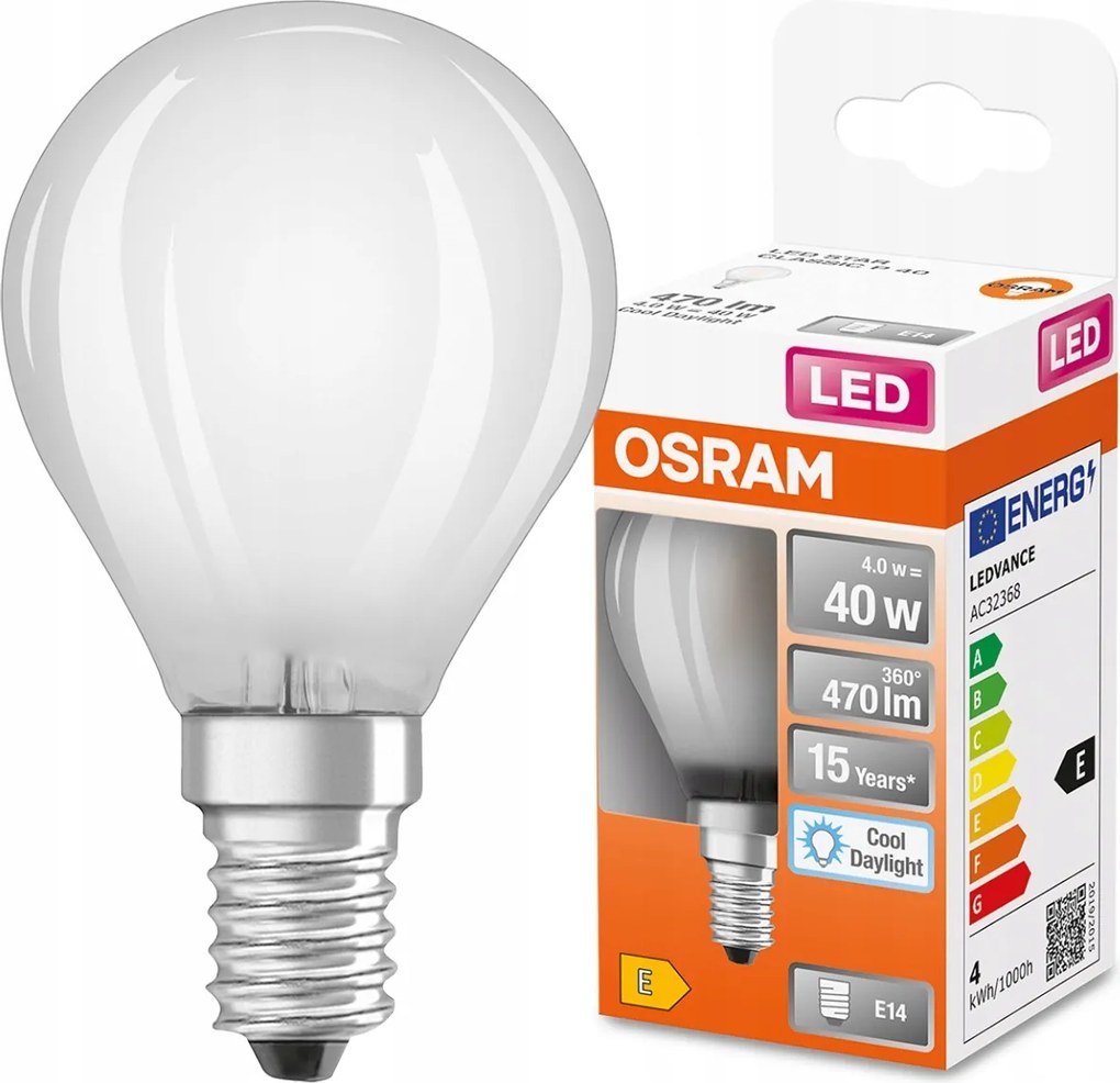 Led izzó E14 golyó 4W 40W 6500K Filament Osram