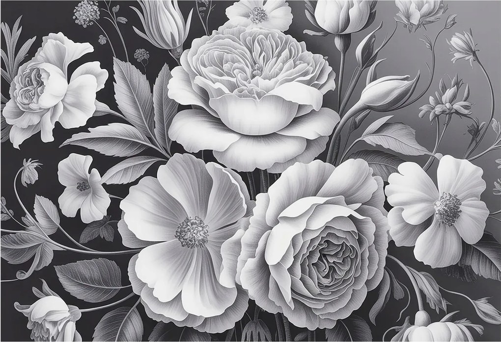 Divatos Flizelin Tapéta Ragasztóval Falra 3D Szürke virágok 152x104 Ragasztó