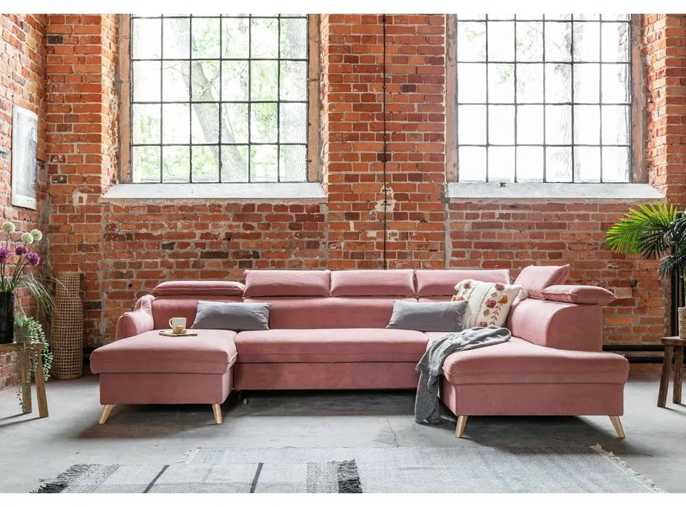 Világos rózsaszín bársony kinyitható sarokkanapé (jobb oldali-"U" alakú) Sweet Harmony – Miuform