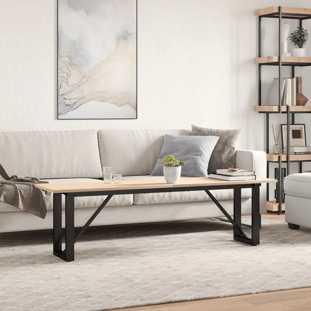 Tömör fenyőfa és acél dohányzóasztal O-vázzal 160x40x45 cm