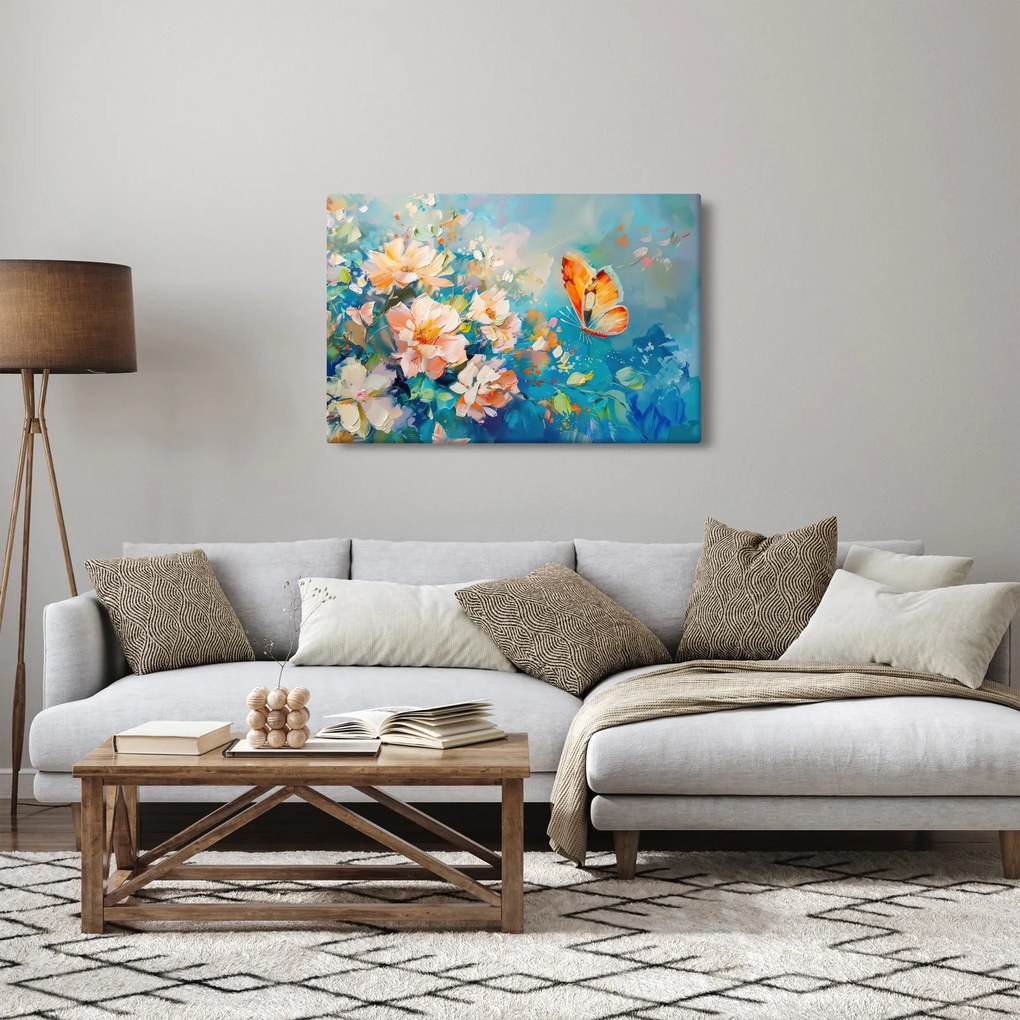 Kép - Pillangó és virágok, olajfestmény II. (90x60 cm)