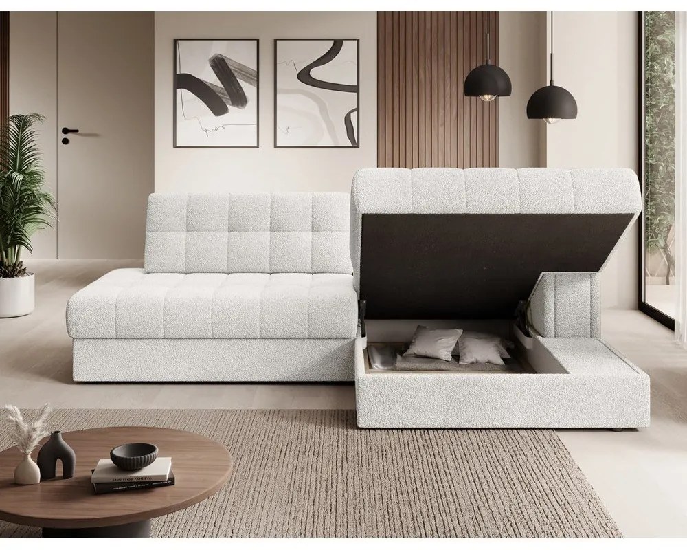 Krémszínű buklé kinyitható sarokkanapé (jobb oldali-heverő résszel) Blezalt – ELTAP