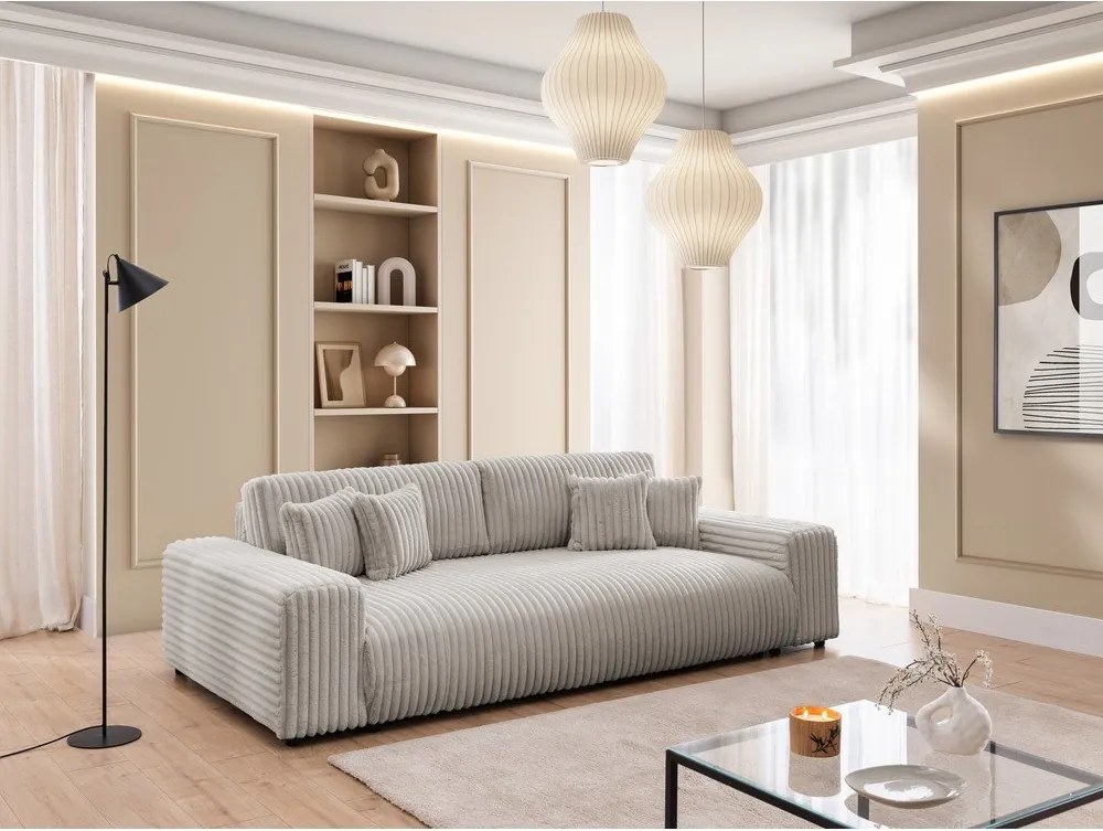 Világosszürke kordbársony kinyitható-tárolóhelyes kanapé 260 cm Justin – Ropez