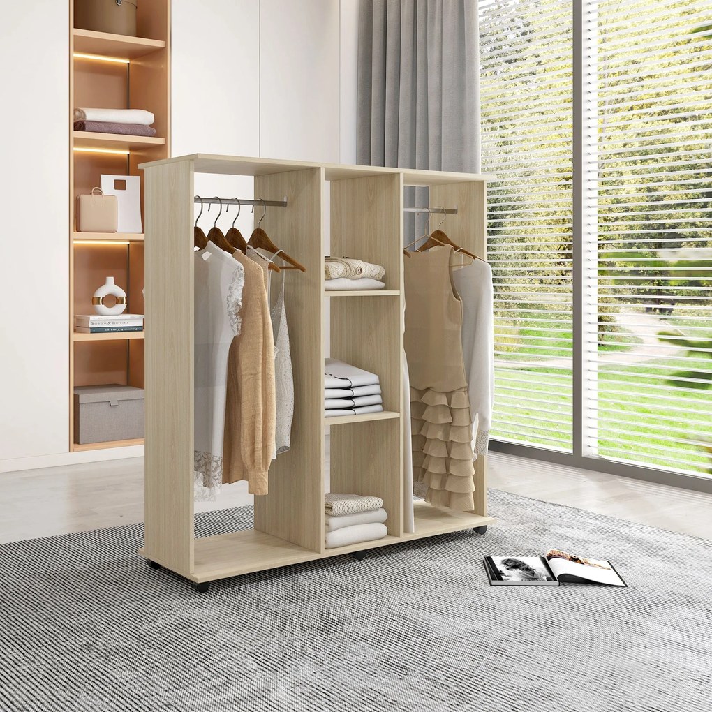 HOMCOM Mobil Ruhásszekrény 6 Kerekességgel, 120L x 40W x 128H cm, Természetes fa | Aosom