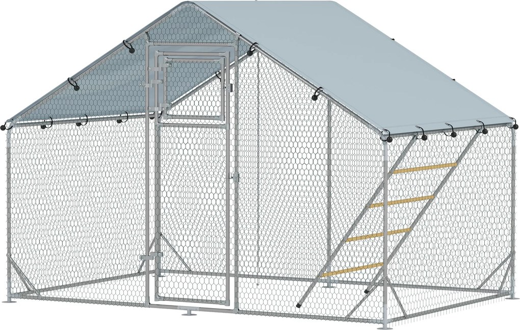 PawHut Ezüst Tyúkól Futókerítés Acélból, 3 x 2 x 1,95 m Tyúk Cage UV-ellenálló Borítással, Takarmányajtóval, Függő Feederrel, Ülőfával, Tyúk Futó 6-8