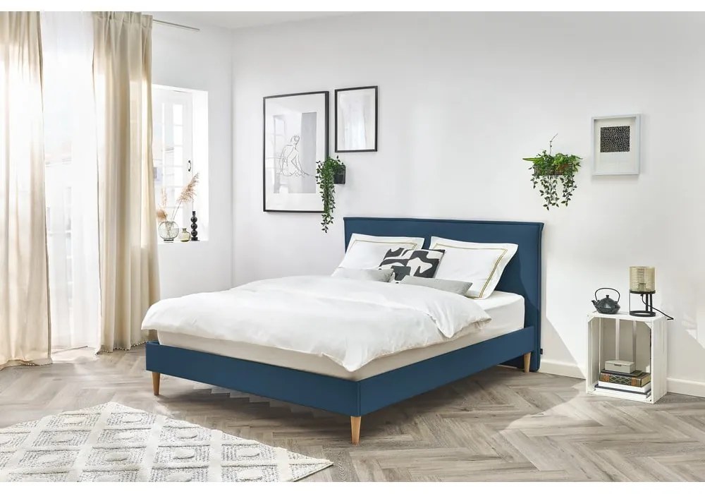 Kék kárpitozott franciaágy ágyráccsal 160x200 cm Sary – Bobochic Paris