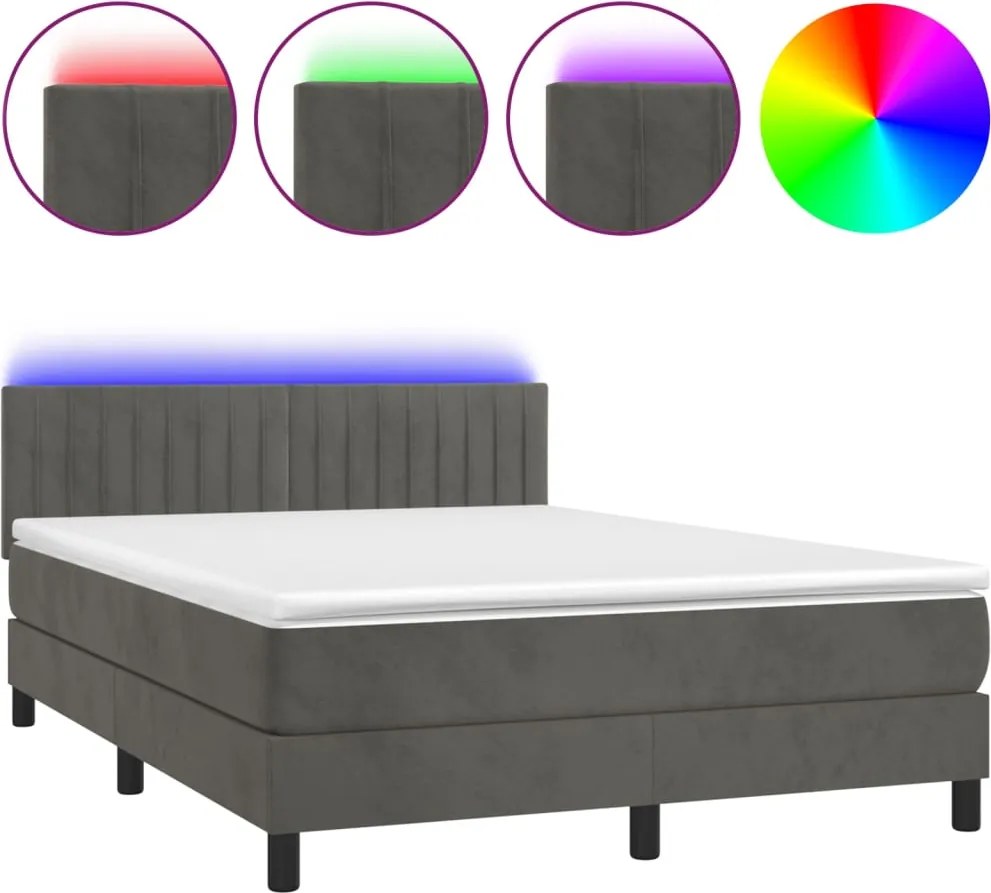 vidaXL sötétszürke bársony rugós és LED-es ágy matraccal 140x200 cm