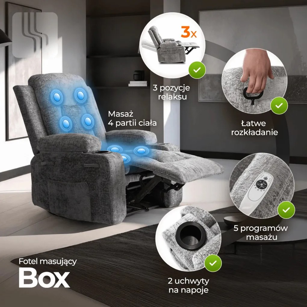 Elektromosan Vezérelhető Masszázsfunkciós Relaxfotel Szürke Bársony Kárpittal. BOX2