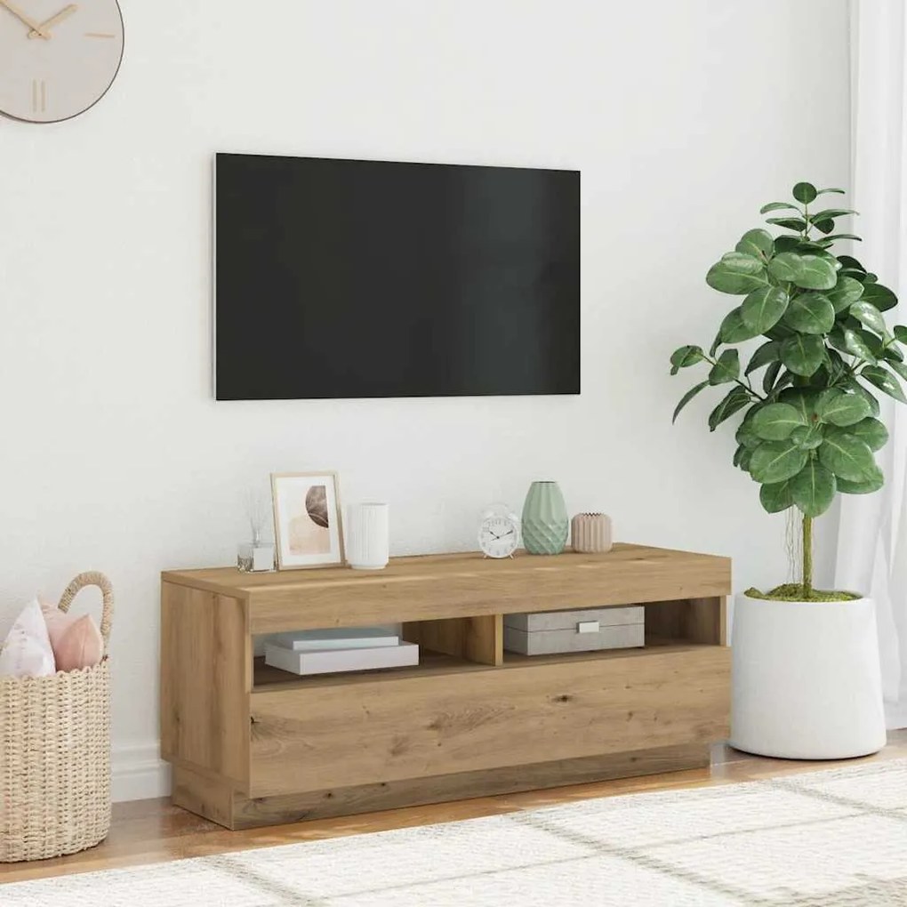 kézműves tölgy szerelt fa TV-szekrény LED-ekkel 100x35x40 cm