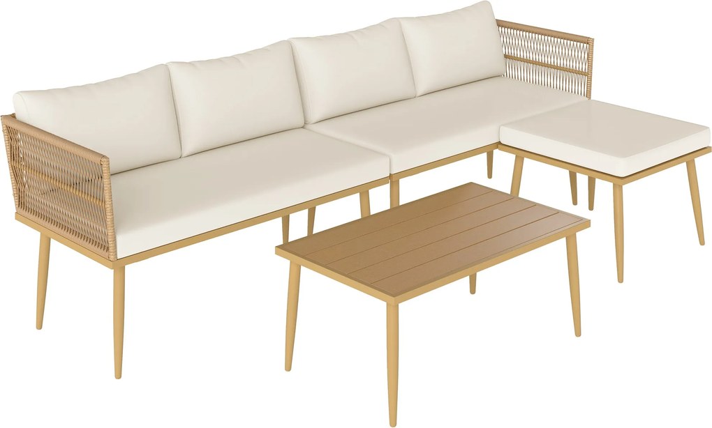Outsunny 4 részes kültéri szintetikus rattan kertibútor szett – sarokkanapé, 2 db kétszemélyes kanapé, 1 lábtartó, 1 kávézóasztal természetes párnákka
