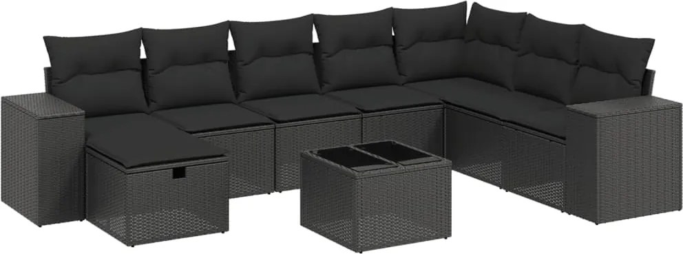 vidaXL 9 részes fekete polyrattan kerti ülőgarnitúra párnákkal