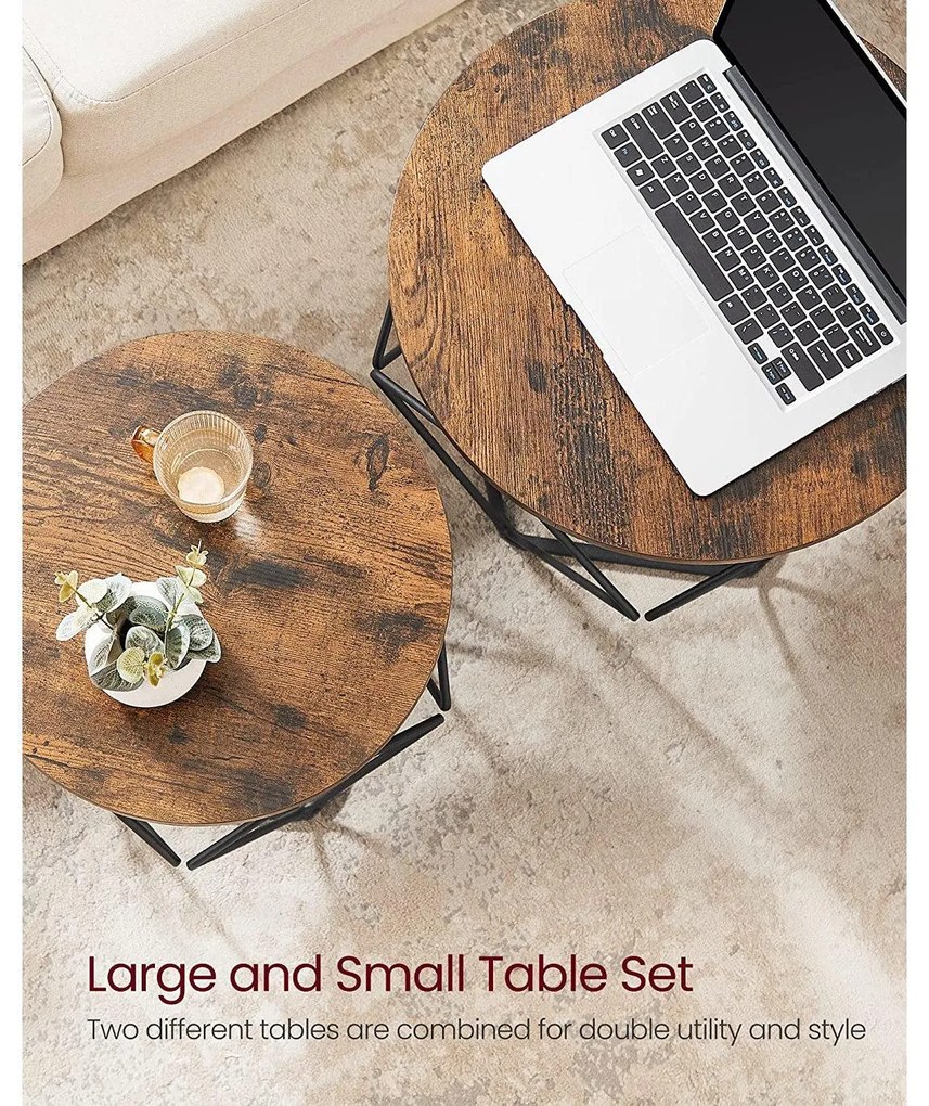 Dohányzóasztal, 2 oldalsó asztal, ø50cm és ø40cm, barna-fekete