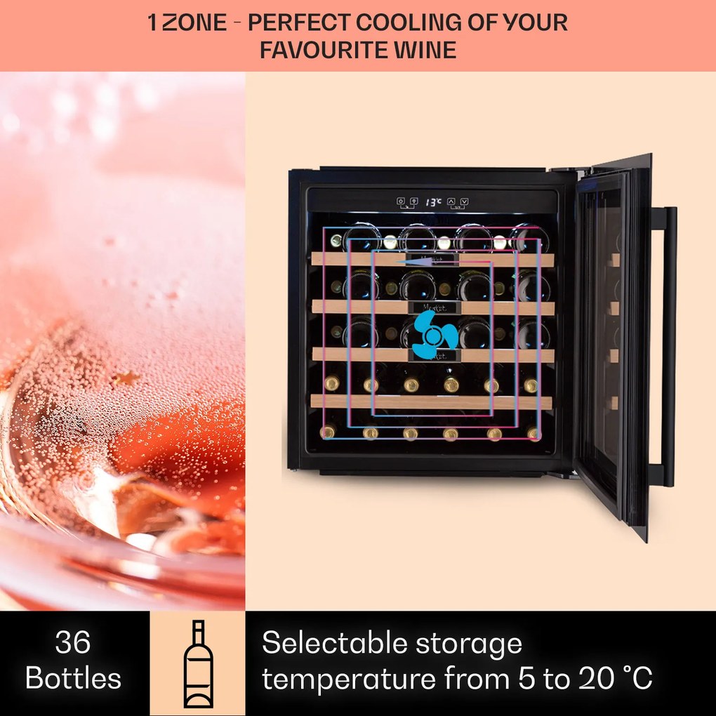 Klarstein Vinsider 36 Built-In Uno, beépített borhűtő, 92 liter, 36 palack, rozsdamentes acél