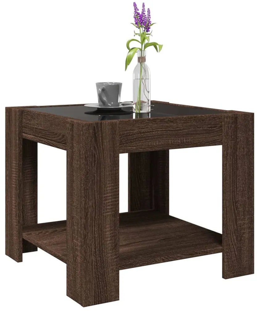 Barna tölgy szerelt fa dohányzóasztal LED-del 53 x 53 x 45 cm