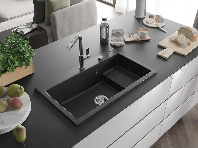 Mexen Omar 1-medencés, gránit mosogató 800 x 480 mm, fekete, króm szifon - 6520801005-77