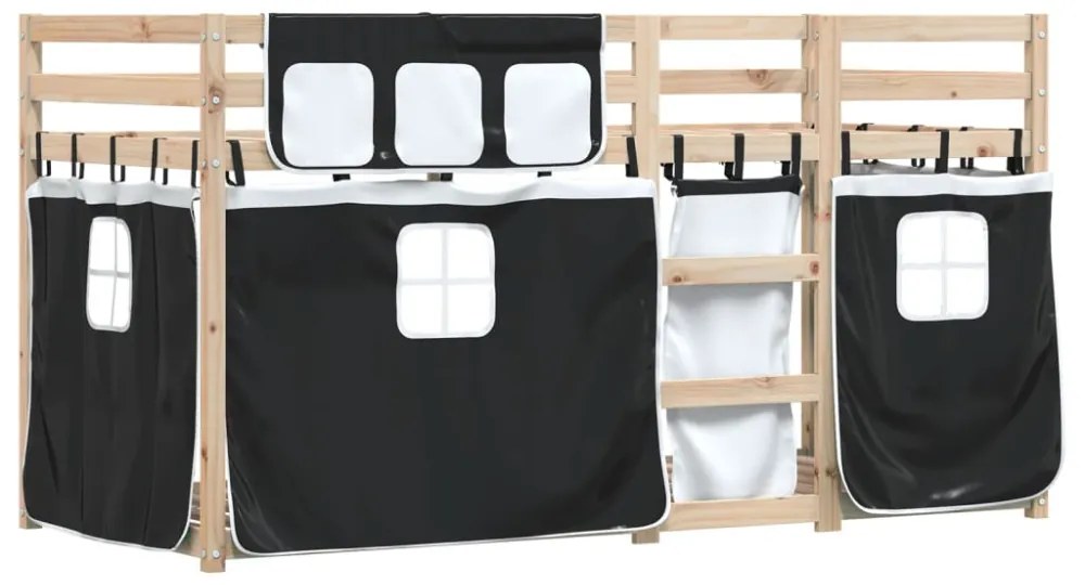 fehér/fekete tömör fenyőfa emeletes ágy függönyökkel 90x190 cm