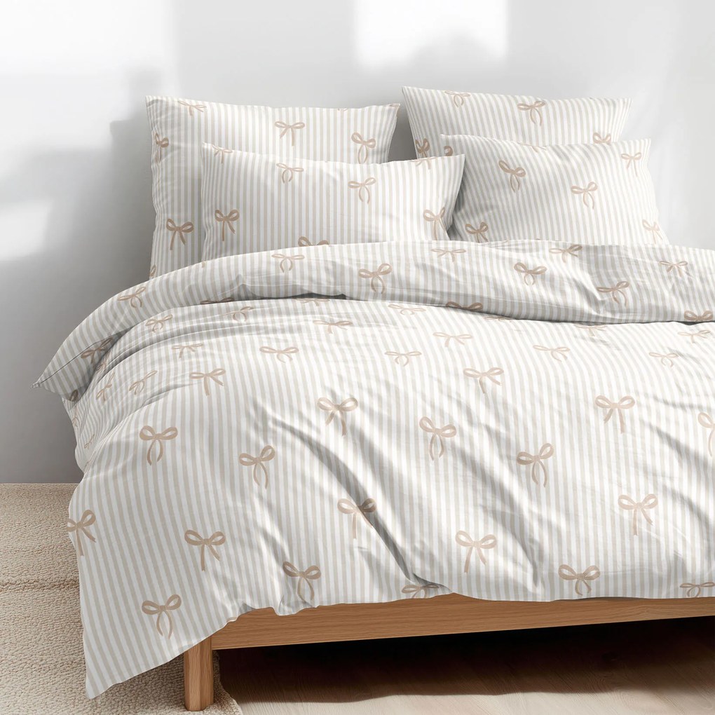 Goldea pamut ágyneműhuzat - latte masnik és csíkok 240 x 220 és 2db 70 x 90 cm