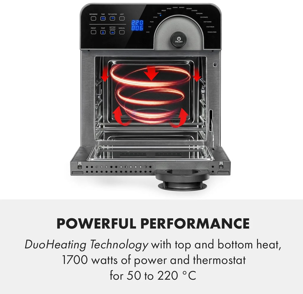 Klarstein AeroVital Cube Chef, forrólevegős fritőz, 1700 W, 14 l, 16 program, felső és alsó fűtés